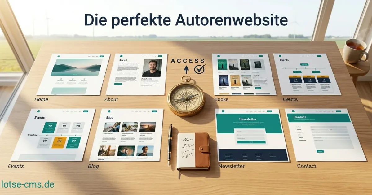 Aufgeschlagenes Buch neben einem Kompass auf Holztisch, Teal und Navy Farbtöne, navigatorische Stimmung, lotse-cms.de