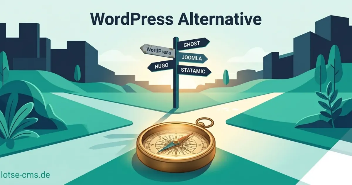 Kompassnadel auf einer Navigationskarte, daneben ein aufgeklappter Laptop mit Website-Struktur, Teal und Navy Farbtöne, lotse-cms.de