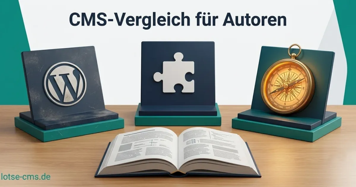 Drei Podeste auf einem Schreibtisch mit WordPress-Logo, Puzzle-Symbol und Lotse-Kompass, aufgeschlagenes Buch im Vordergrund, Teal und Navy Farbtöne, lotse-cms.de