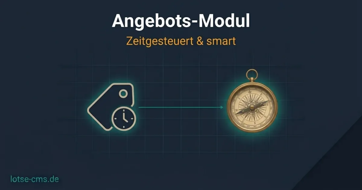 Kompassnadel über einem Preisschild-Symbol mit Kalendersymbol daneben, Teal und Navy Farbtöne, lotse-cms.de