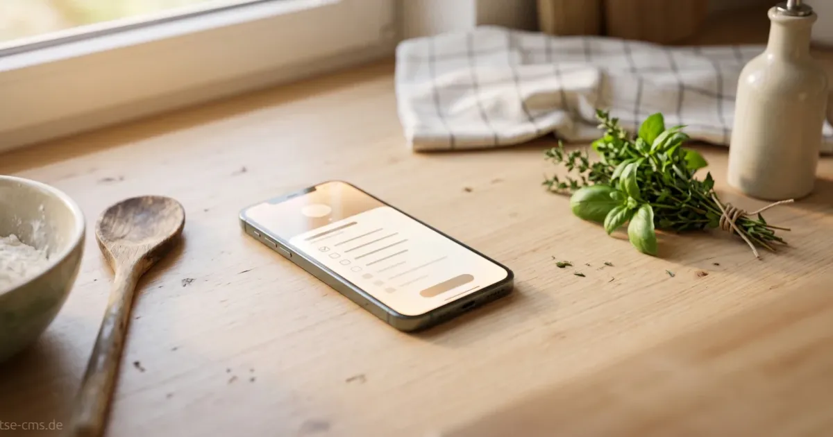 Smartphone auf einer Küchenarbeitsplatte mit aktivem Kochmodus-Bildschirm, im Hintergrund unscharfe Zutaten, Teal Akzente, lotse-cms.de