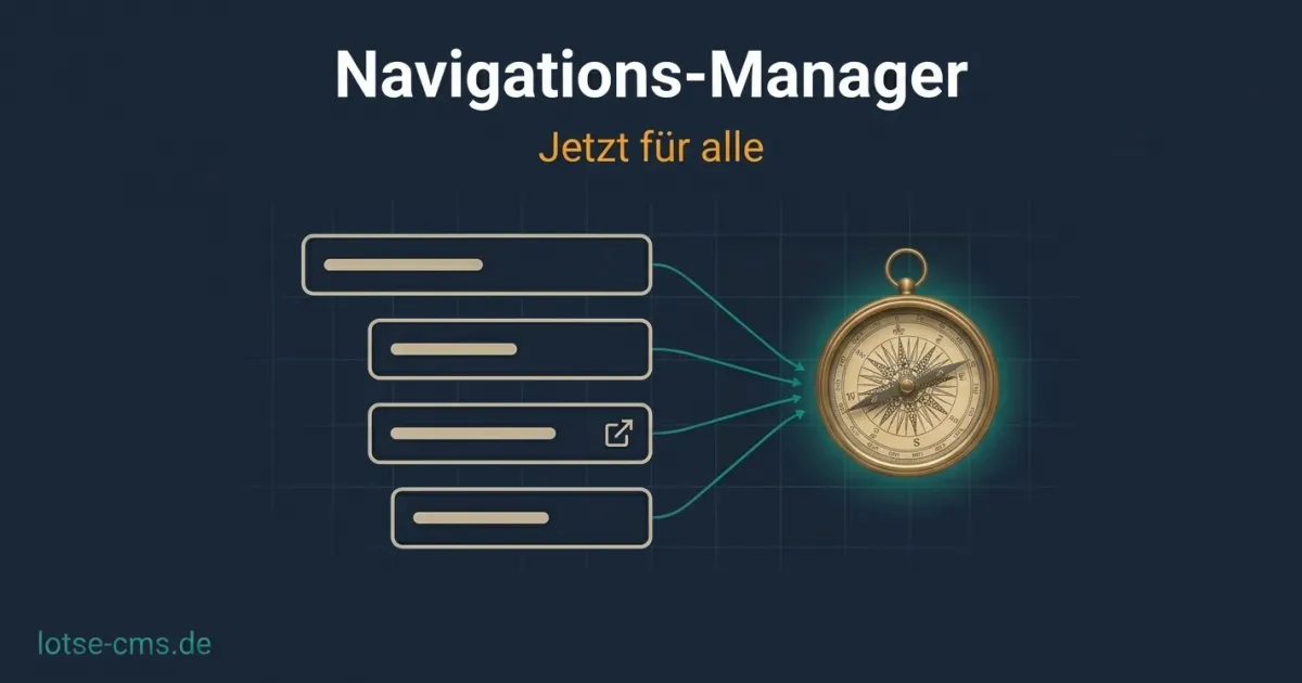 Kompassnadel über einem sortierbaren Listensymbol mit internen und externen Pfeilen, Teal und Navy Farbtöne, lotse-cms.de