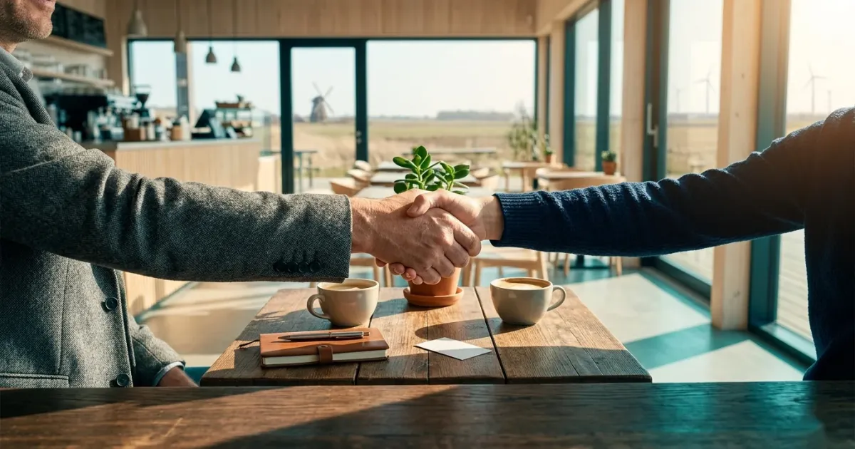 Handschlag vor norddeutscher Landschaft