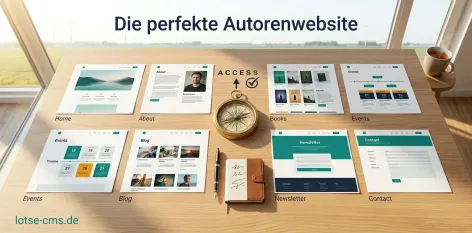 Aufgeschlagenes Buch neben einem Kompass auf Holztisch, Teal und Navy Farbtöne, navigatorische Stimmung, lotse-cms.de