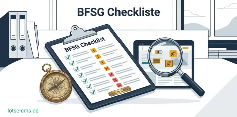 Checkliste auf Klemmbrett neben Kompassnadel, Teal und Navy Farbtöne, strukturierter Prüfprozess, lotse-cms.de