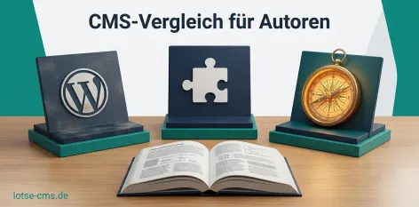 Drei Podeste auf einem Schreibtisch mit WordPress-Logo, Puzzle-Symbol und Lotse-Kompass, aufgeschlagenes Buch im Vordergrund, Teal und Navy Farbtöne, lotse-cms.de